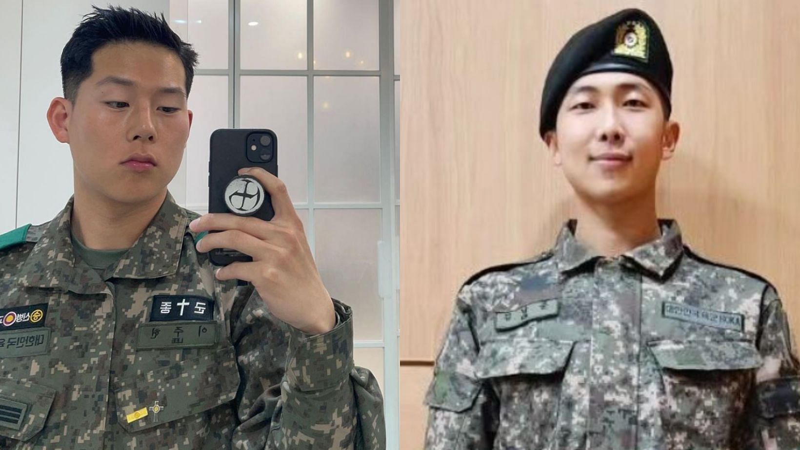 BTS RM and MONSTA X&rsquo;s Joohoney spotted at the same military event. (Images via Instagram/@rkive and @joohoneywalker)