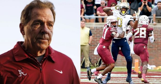 WATCH: Nick Saban shows up wearing Alabama colors to Georgia Tech’s practice session ahead of matchup against FSU
