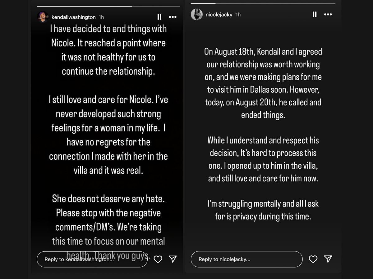 Love Island USA stars Kendall and Nicole&#039;s statements about their breakup (Image via Instagram/@kendallwashington/@nicolejacky)