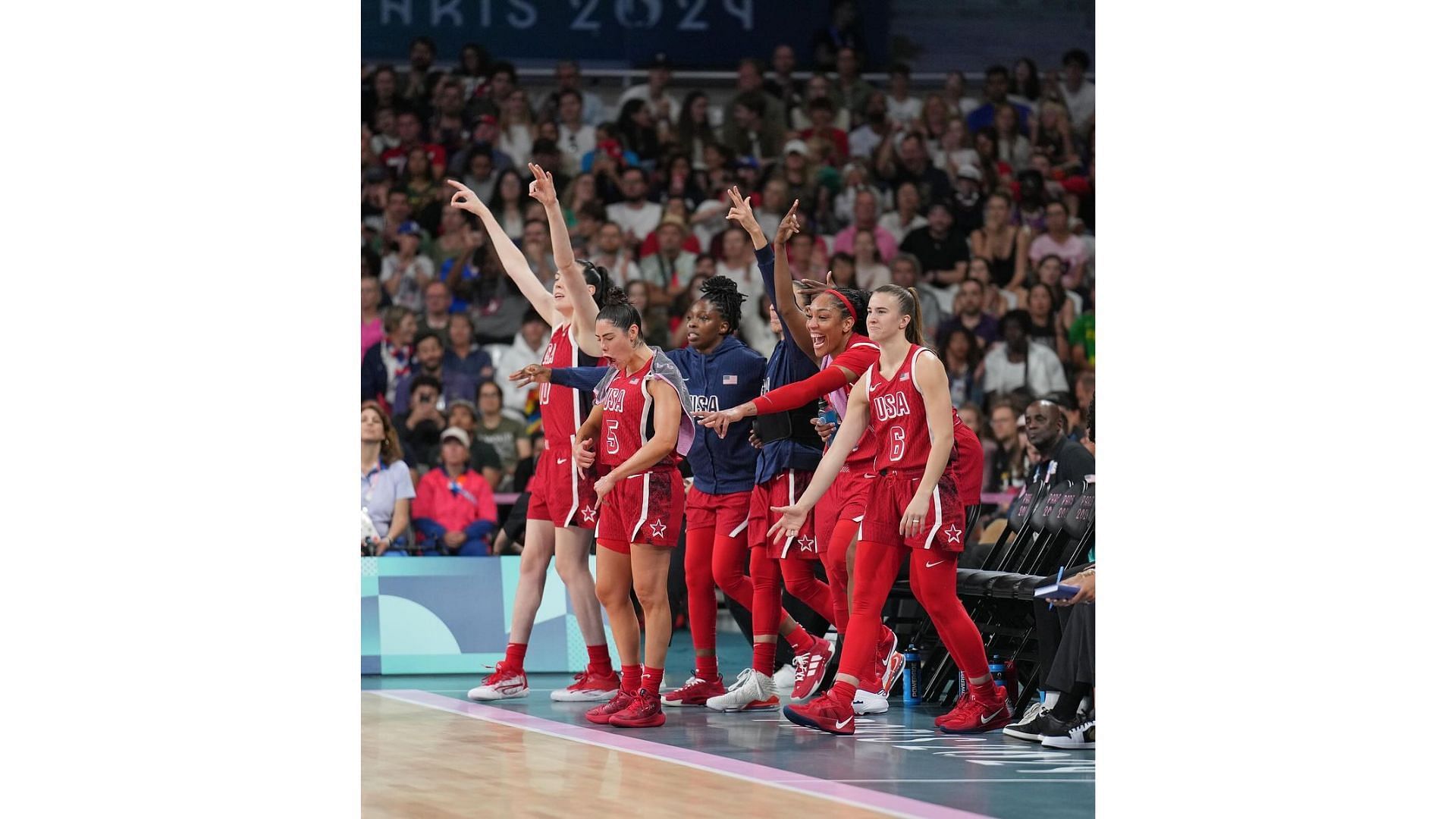 Plum and her USA teammates celebrate at the 2024 Paris Olympics. Image Credit: K. Plum&#039;s IG account