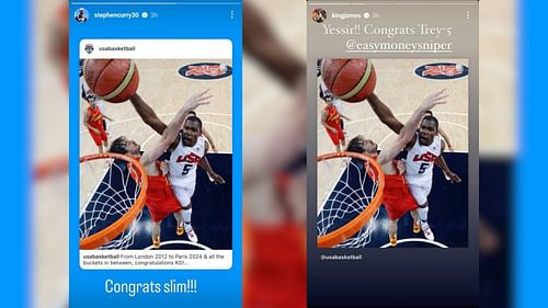 Team USA members Steph Curry and LeBron James congratulate Kevin Durant on becoming Team USA's top scorer in Olympic play (Image Credits: @kingjames/Instagram and @stephencurry30/Instagram)