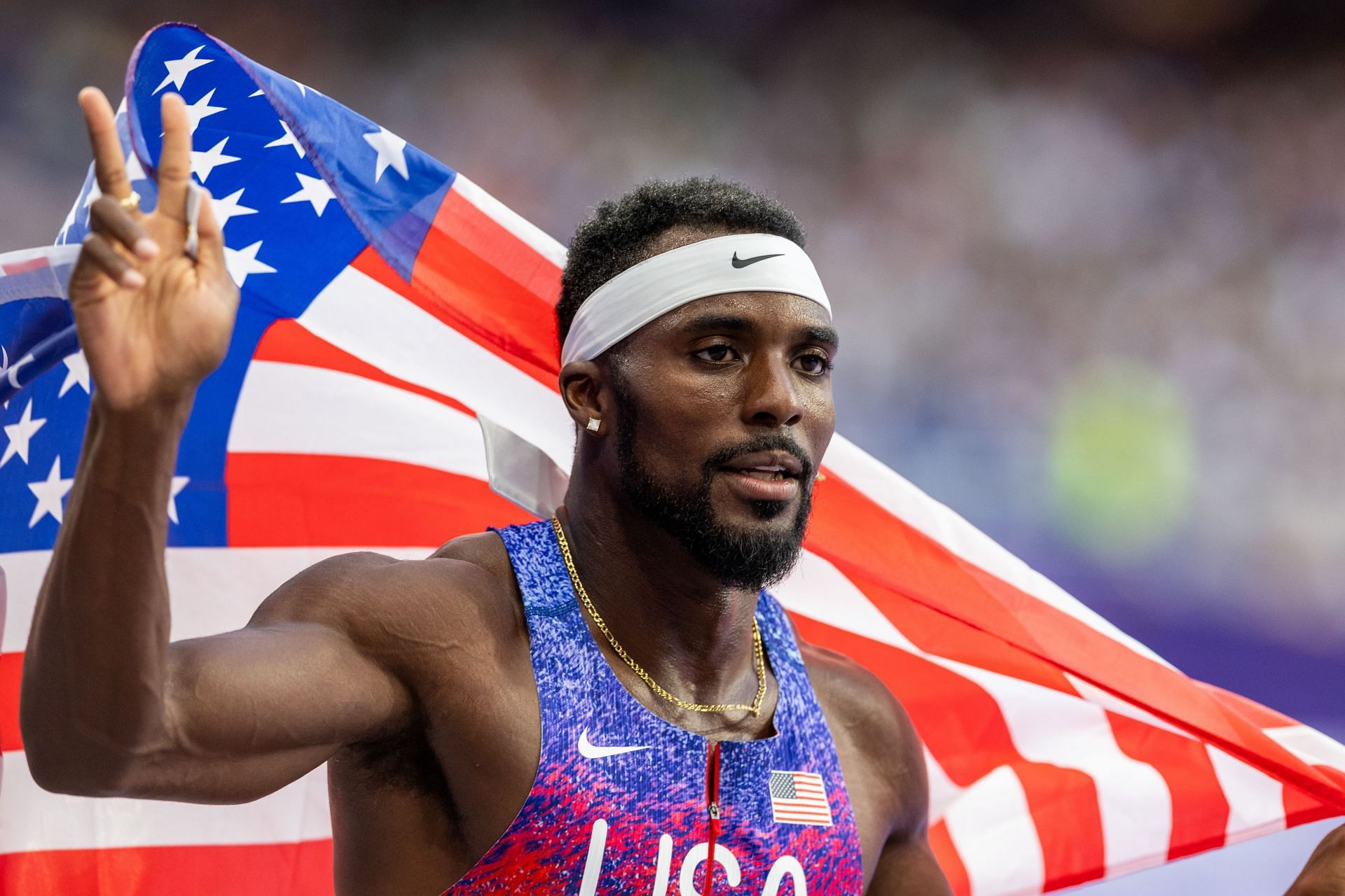 Kenneth Bednarek celebrating the gold medal in the Men&#039;s 200m Final at the Olympic Games 2024 in Paris, France. (Photo via Getty Images)