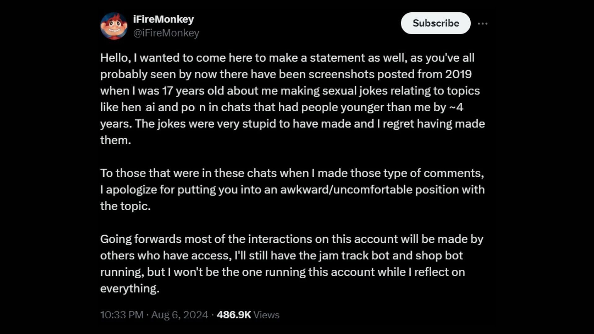 A more formal apology was issued on the YouTuber&#039;s main X account, later in the day (Image via iFireMonkey/X)