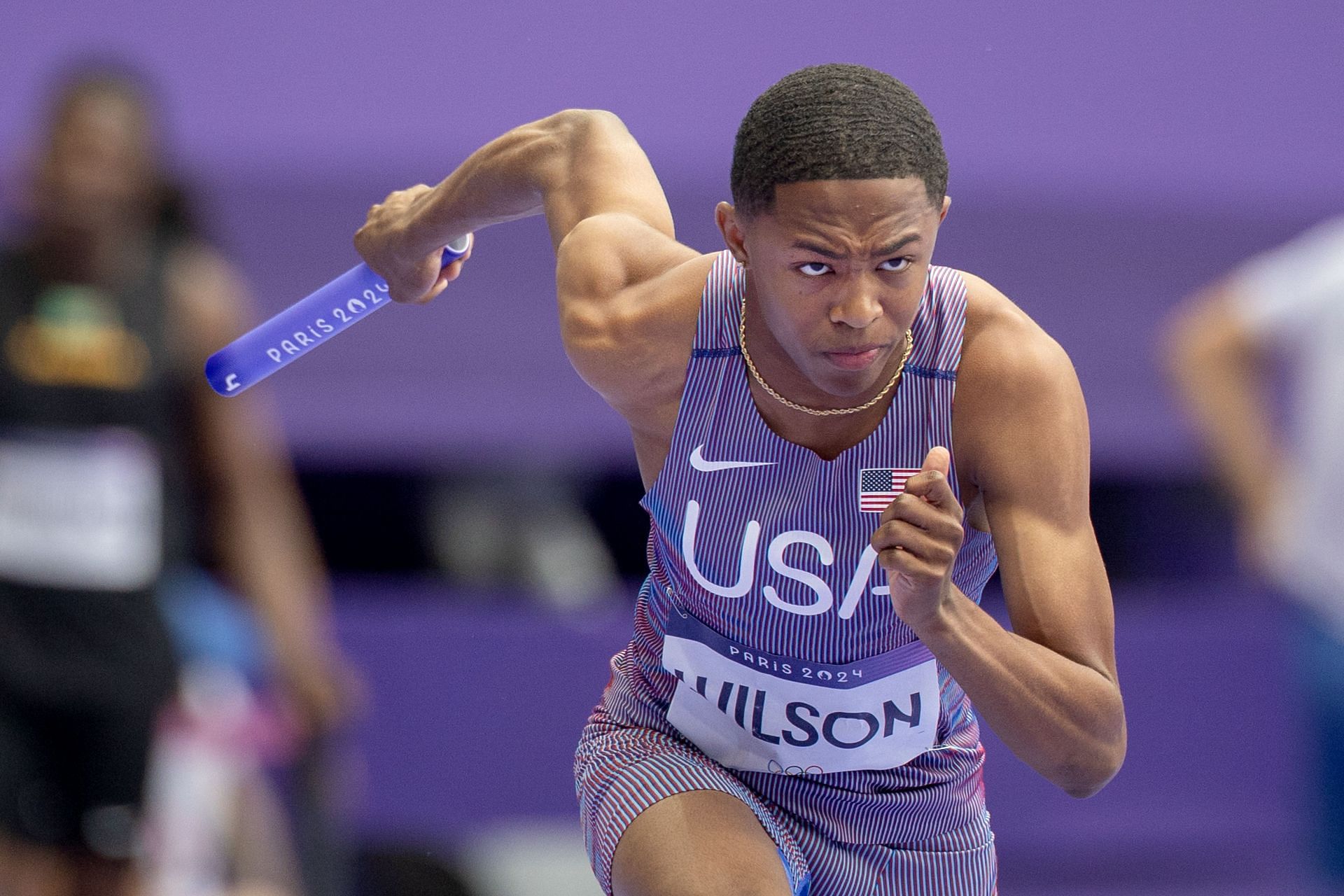 Quincy Wilson in action during the preliminaries of the Men&#039;s 4x400m Relay event at Paris Olympics 2024 [Image Source: Getty]