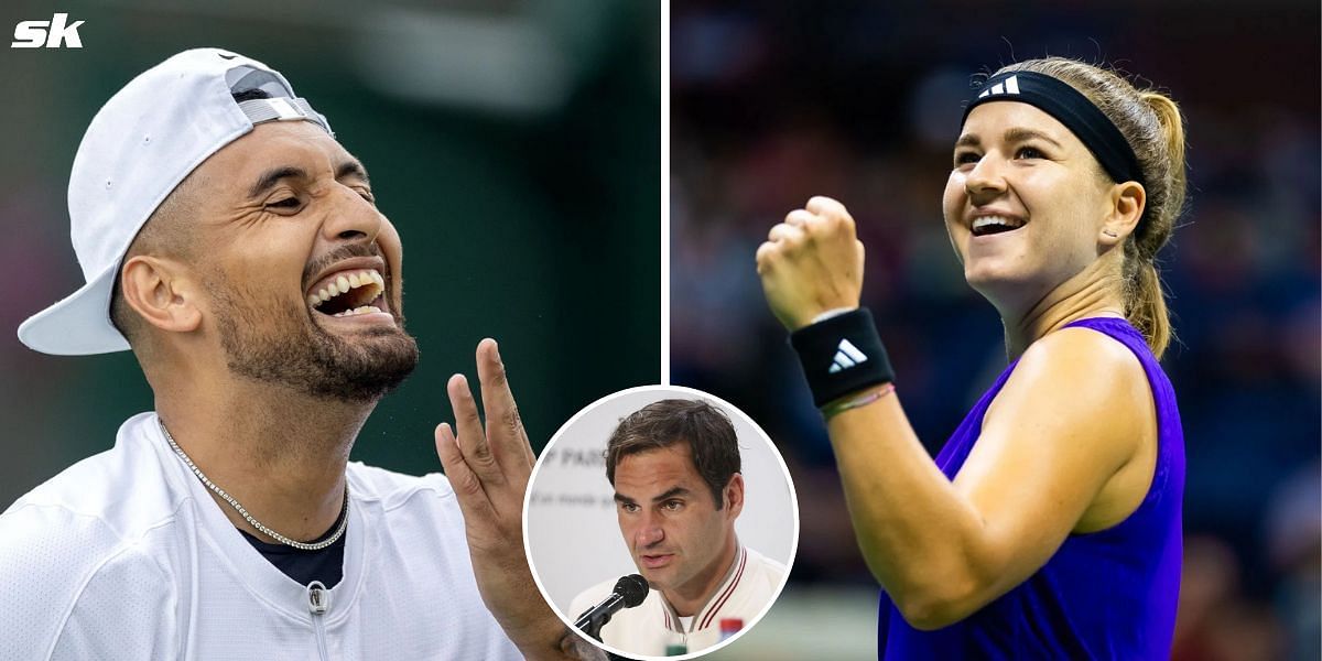 Nick Kyrgios admires Roger Federer after Karolina Muchova praises the Australian at the 2024 US Open. (Images by Getty)