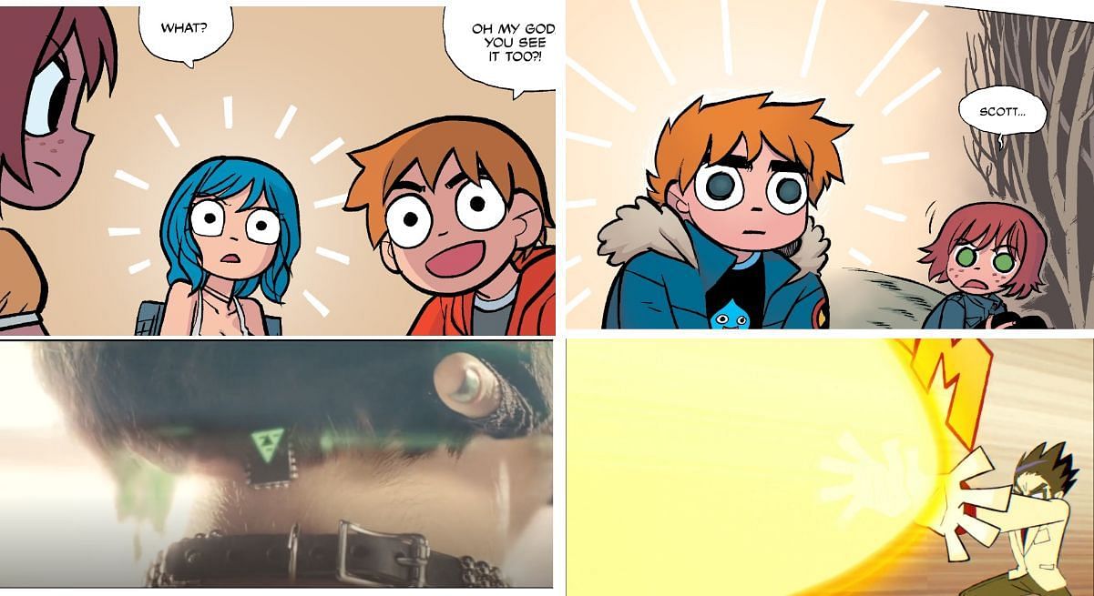 The Glow across all Scott Pilgrim media (Image via Oni Press/Bryan O&#039;Malley, Universal Pictures, Science Saru)