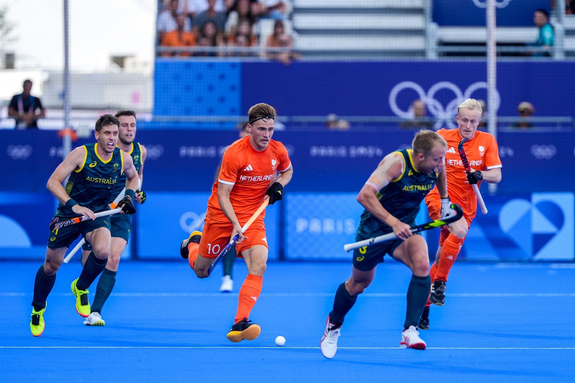 A still from a hockey match between Australia and the Netherlands from the Olympic Games Paris 2024 (Source: Getty)