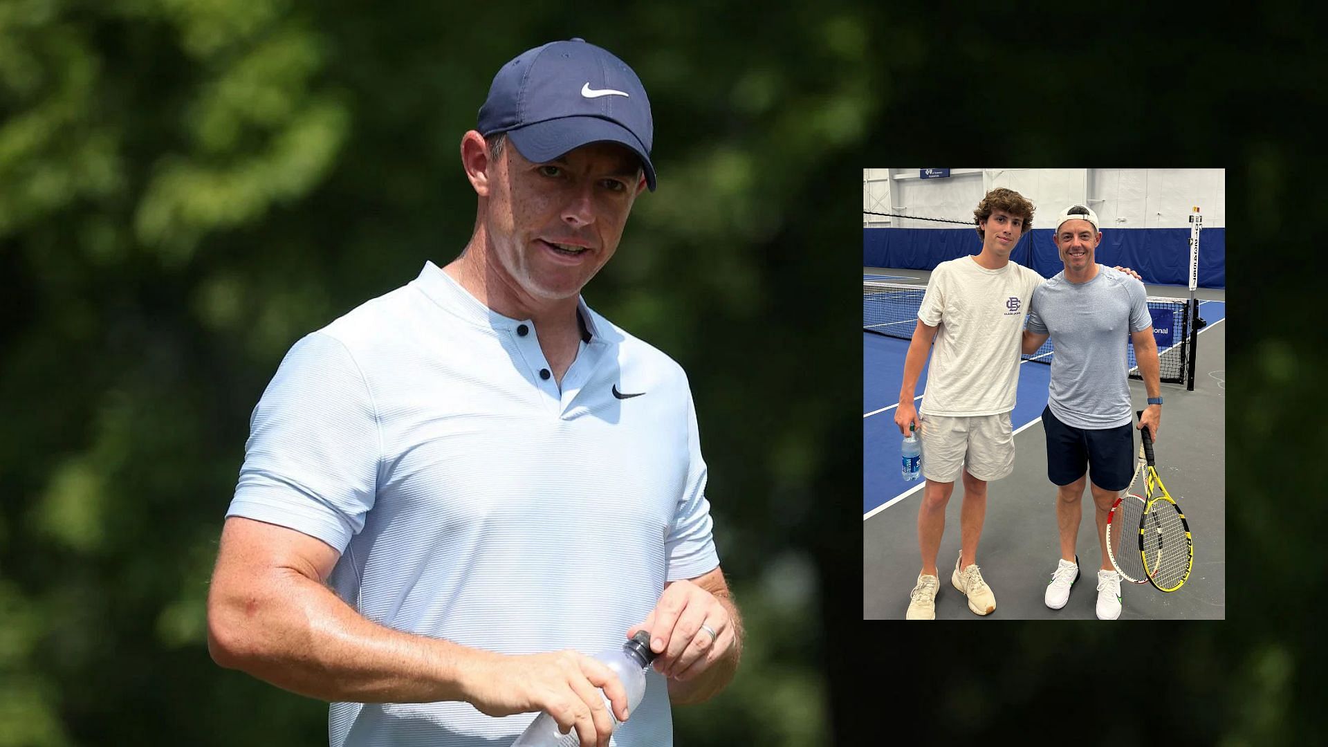 Rory McIlroy with Wiley Barron (Images via Getty and @ChampionsTour/X)