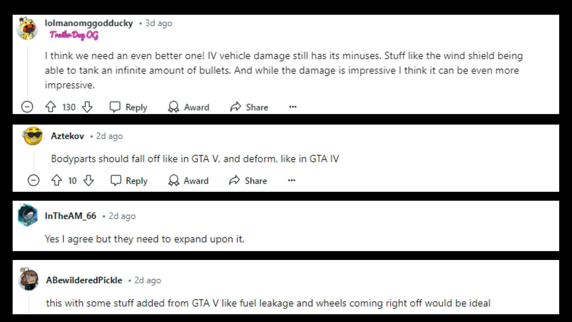 Grand Theft Auto fans reveal their preferred vehicle damage effects for the sequel (Images via Reddit)