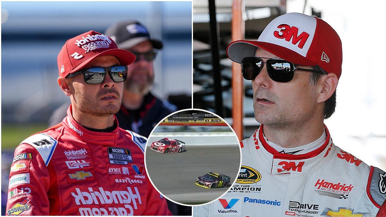 Kyle Larson (L), Lead battle between Larson and Gordon (C), Jeff Gordon (R) (Credit: USA TODAY Sports and X/@Blake_MMCS)