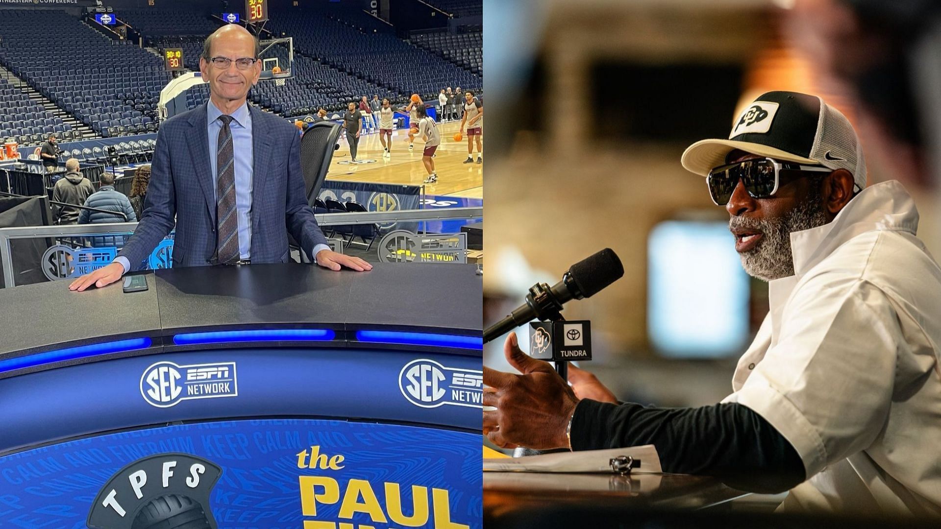 ESPN analyst Paul Finebaum and Colorado coach Deion Sanders 