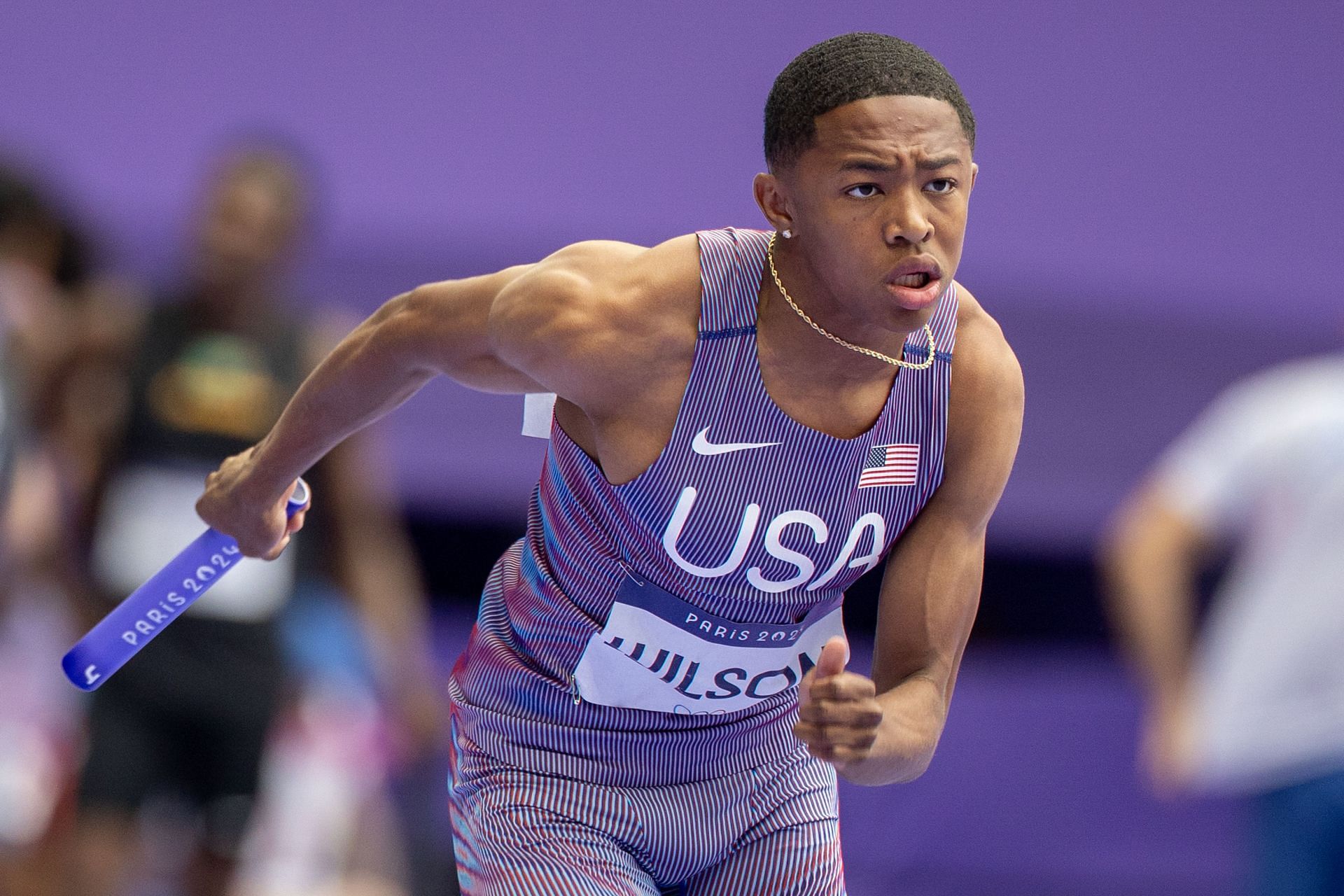 Quincy Wilson in action during the preliminaries of the Men&#039;s 4x400m relay event at Paris Olympics 2024 [Image Source: Getty]