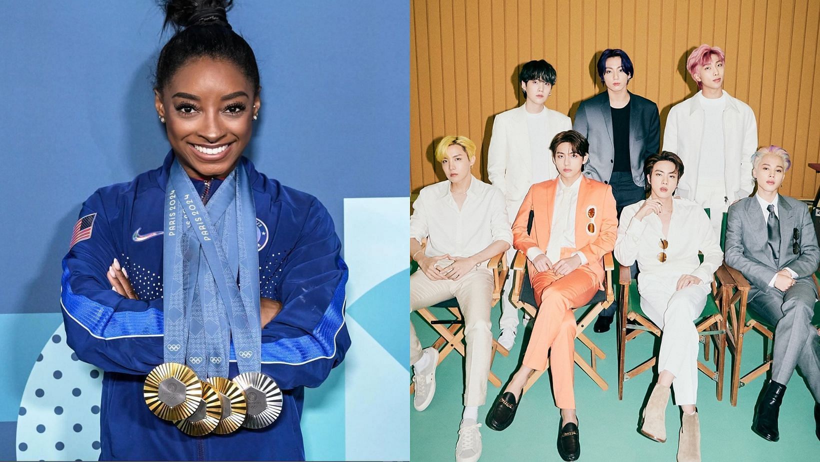 Simon Biles suspected as a BTS ARMY after fans see a Korean quote on her jacket. (Images via Instagram/@simonbiles and @bts.bighitofficial)