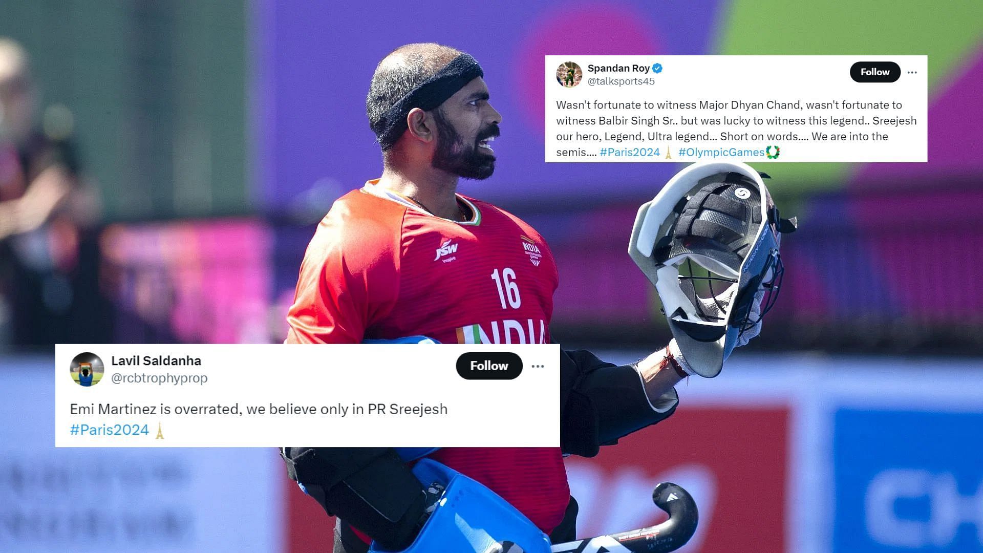 &quot;Emi Martinez is overrated, we believe only in PR Sreejesh&quot; - Netizens go crazy after the Indian GK guides the team to Paris Olympics semis (Image via Getty, Lavil Saldanha/X, Spandan Roy/X) 