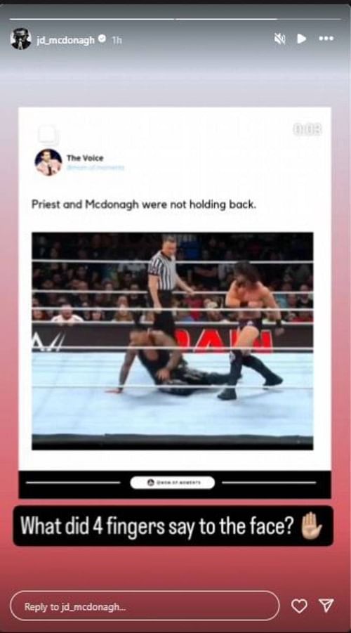 Screengrab of JD McDonagh's Instagram Stories (source: McDonagh's IG Stories)