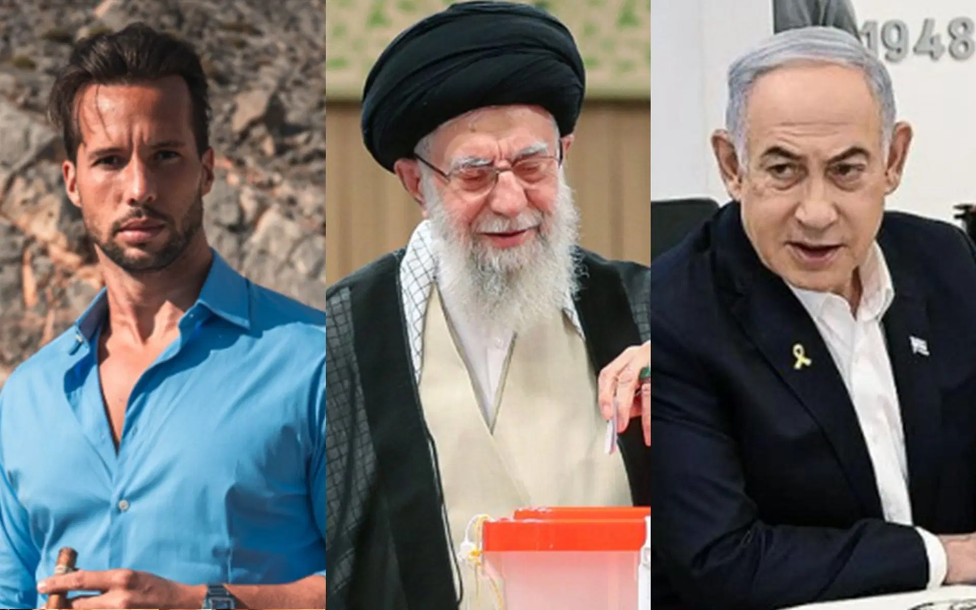Tristan Tate (left) implied that Iranian (center) and Israeli (right) leadership should be allowed to sort things out without external help. [Images courtesy: @TateTheTalisman and @khamenei_ir on X, @b.netanyahu on Instagram]