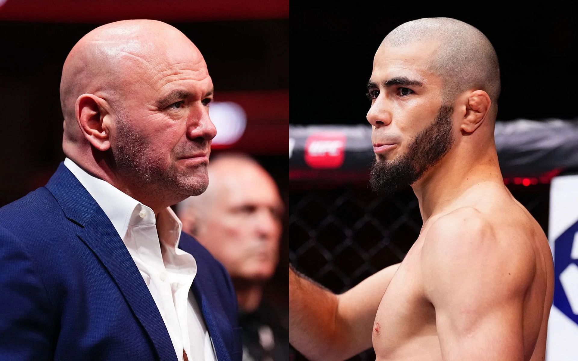 Dana White (left) says Muhammad Mokaev