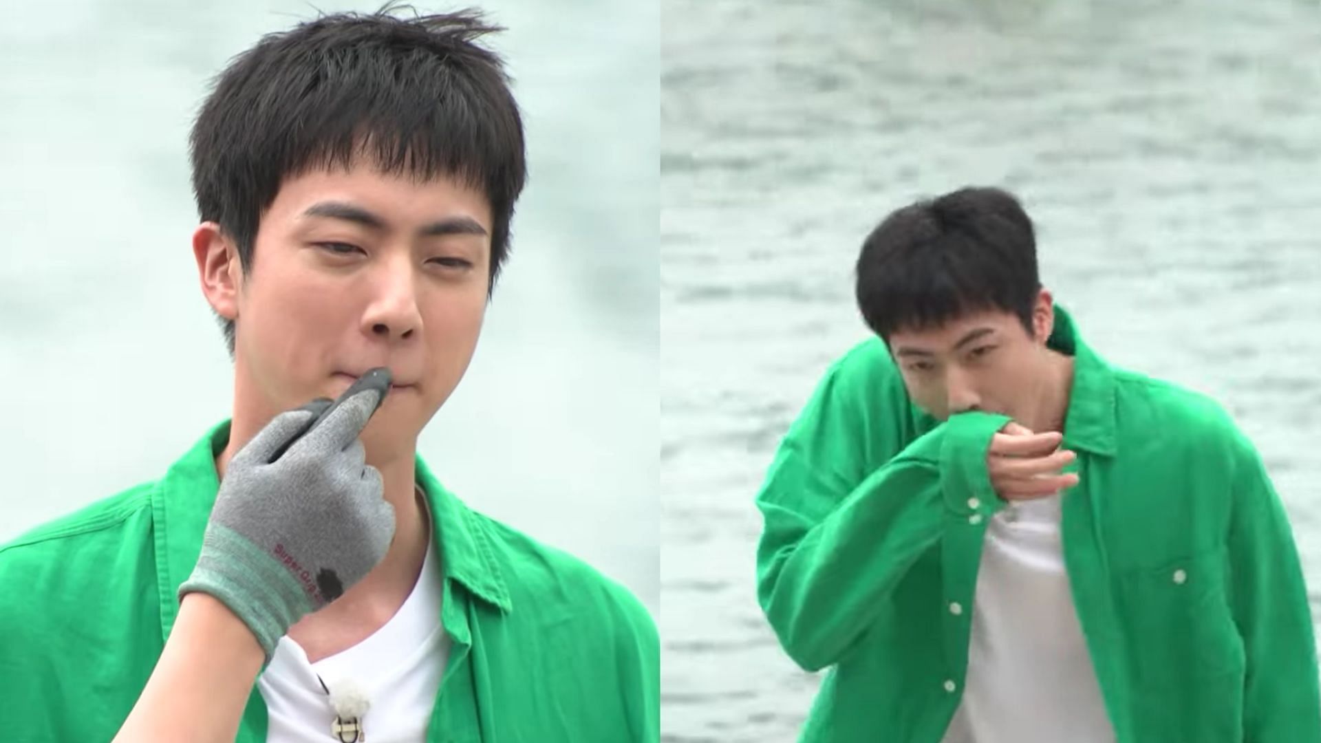 BTS&#039; Jin fighting the smell of mackerel on Half-Star Hotel in Lost Island (Images via YouTube/MBCentertainment)