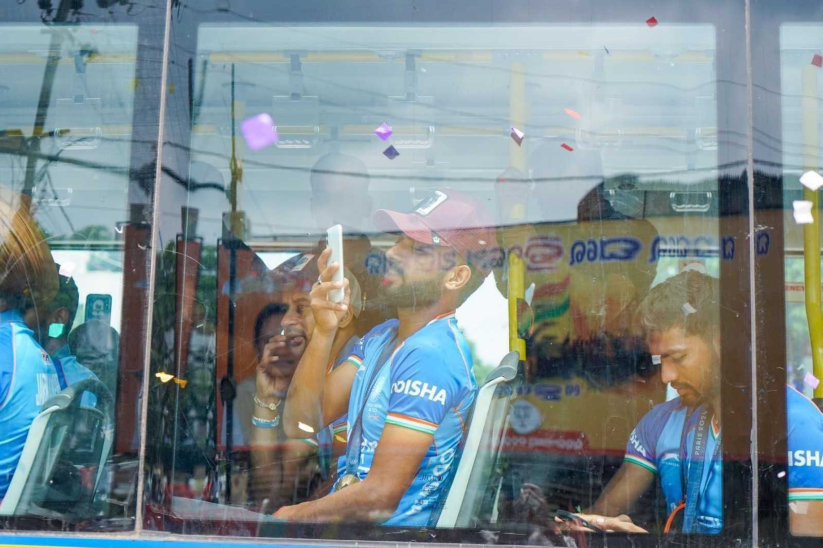 Indian men's hockey team members in the Bhubaneswar roadshow (Image via Hockey India)