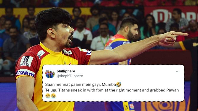 "Saari mehnat paani mein gayi" - Fans troll Bengaluru Bulls and U Mumba as Telugu Titans use FBM for Pawan Sehrawat in Pro Kabaddi 2024 Auction