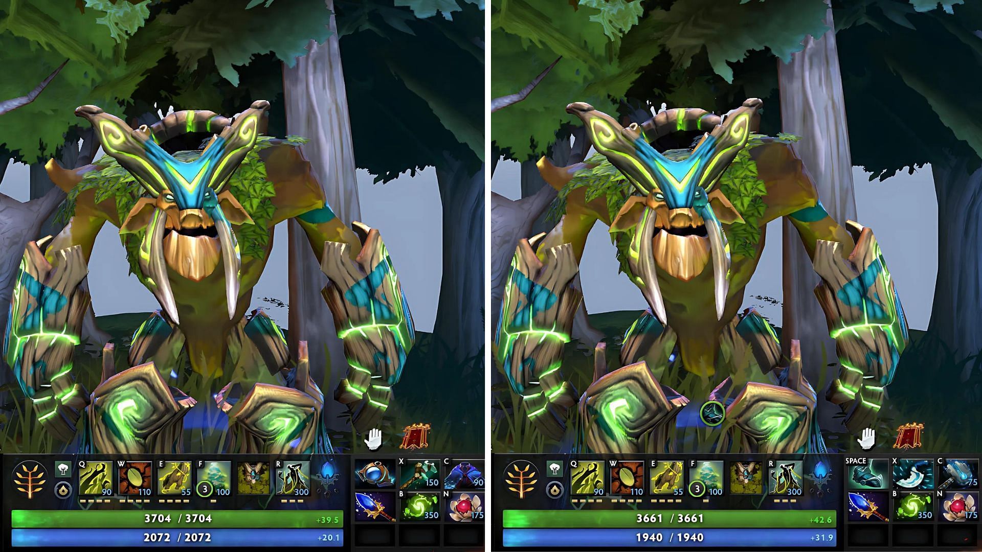 Treant Protector&#039;s position 5 (left) and 4 (right) support builds (Image via Valve)