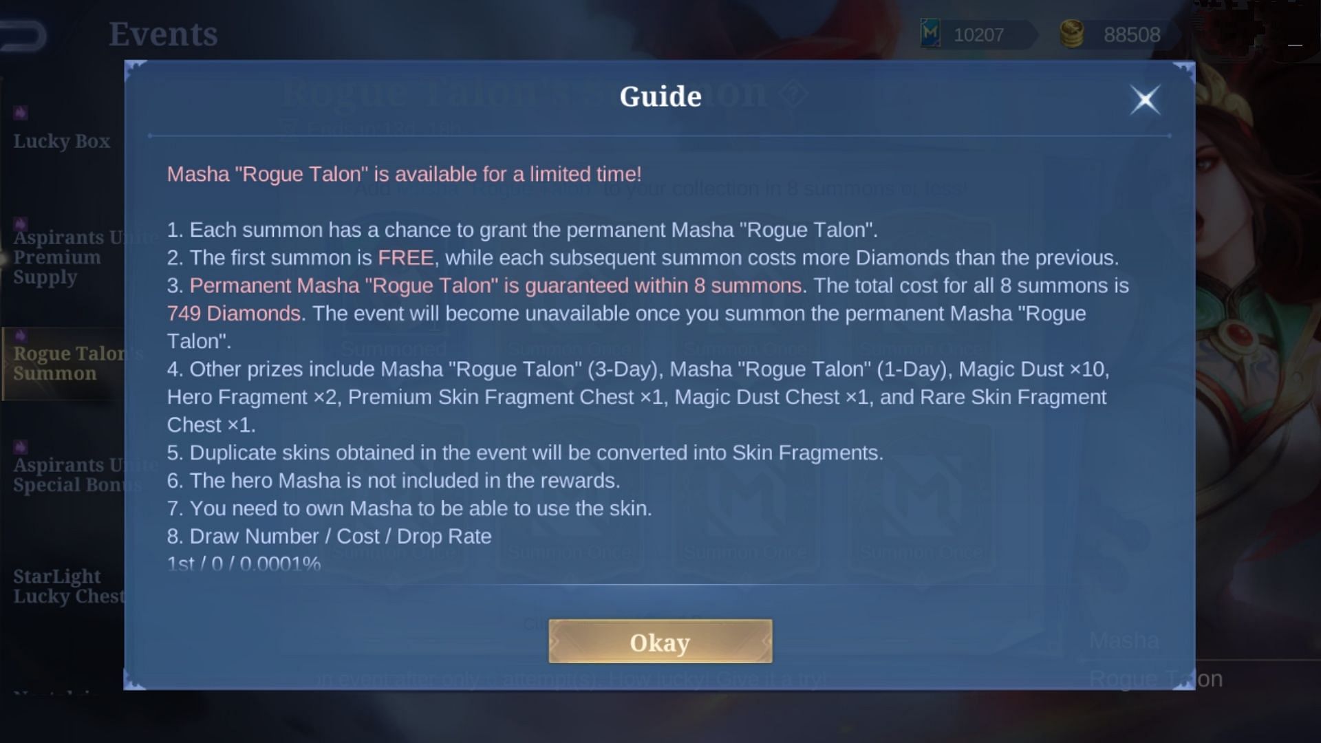 Rewards and more mentioned in the guide section for the event (Image via Moonton Games)