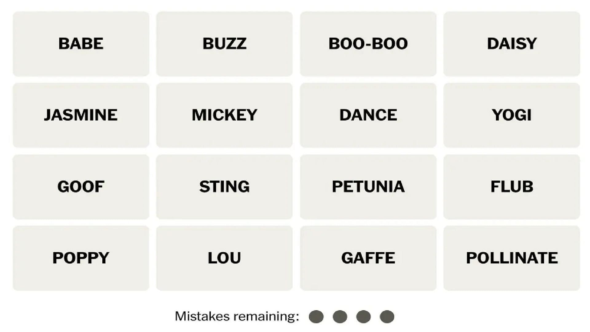 All words for the NYT Connections puzzle today (Image via New York Times)