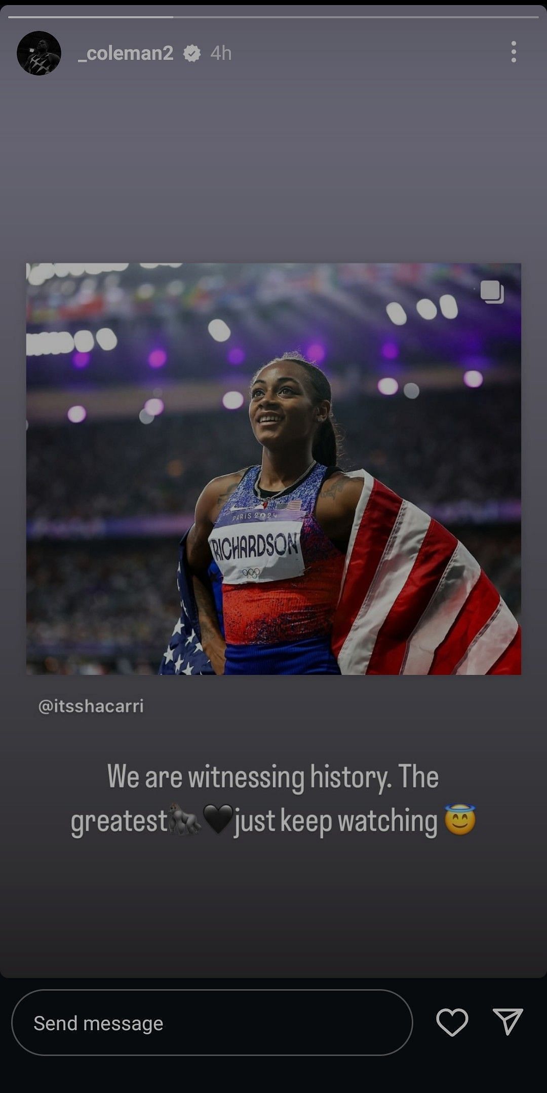 Christian Coleman Instagram story (Image via: Coleman Instagram)