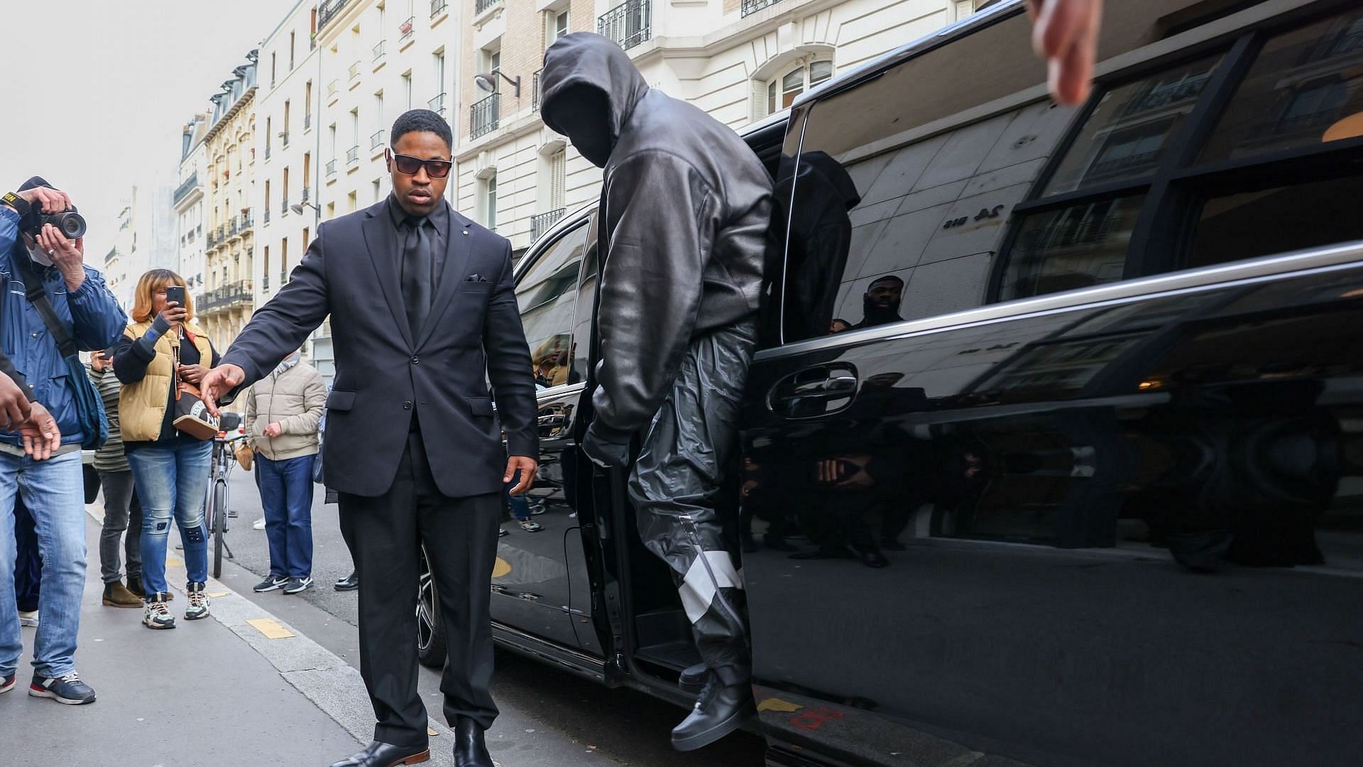 Kanye West is seen exiting a vehicle on February 28, 2024 in Paris, France. (Photo by Pierre Suu/GC Images)