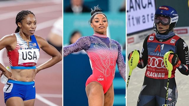 Allyson Felix (L) and Mikaela Shiffrin (R) react as Simone Biles (C) poses with all of her Olympic medals- Source: Getty Images 