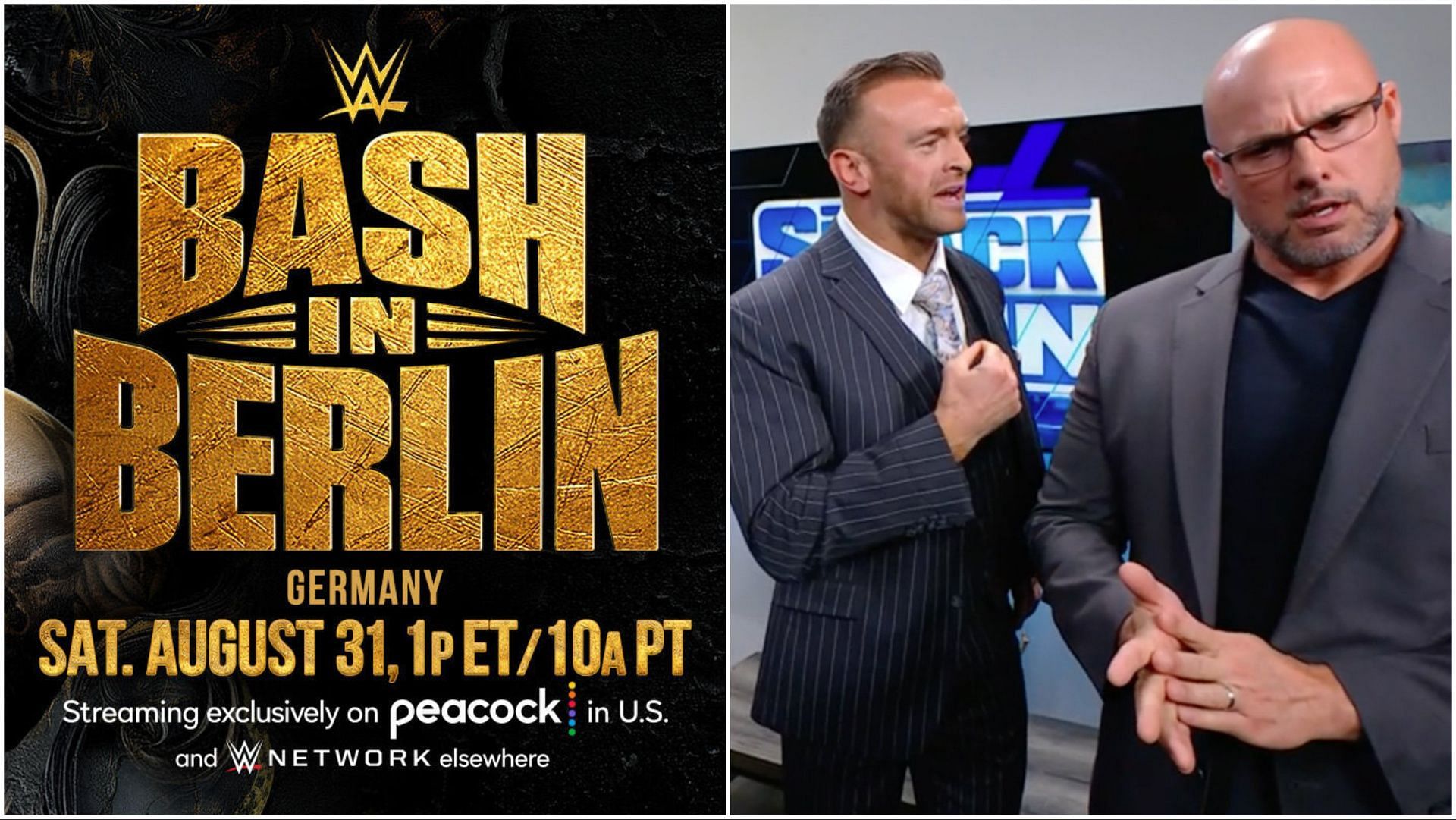 WWE Bash in Berlin official logo, SmackDown GM Nick Aldis and RAW GM Adam Pearce