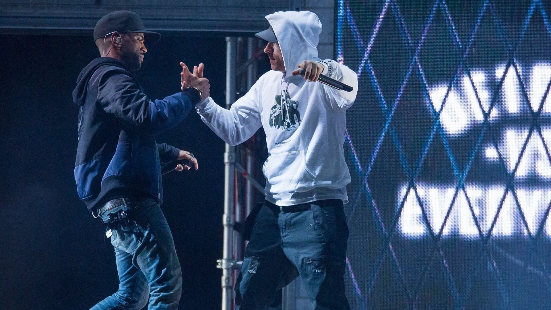 Big Sean (L) and with special guest Eminem perform in concert in their hometown of Detroit at Joe Louis Arena on November 6, 2015 in Detroit, Michigan. (Photo by Scott Legato/Getty Images)