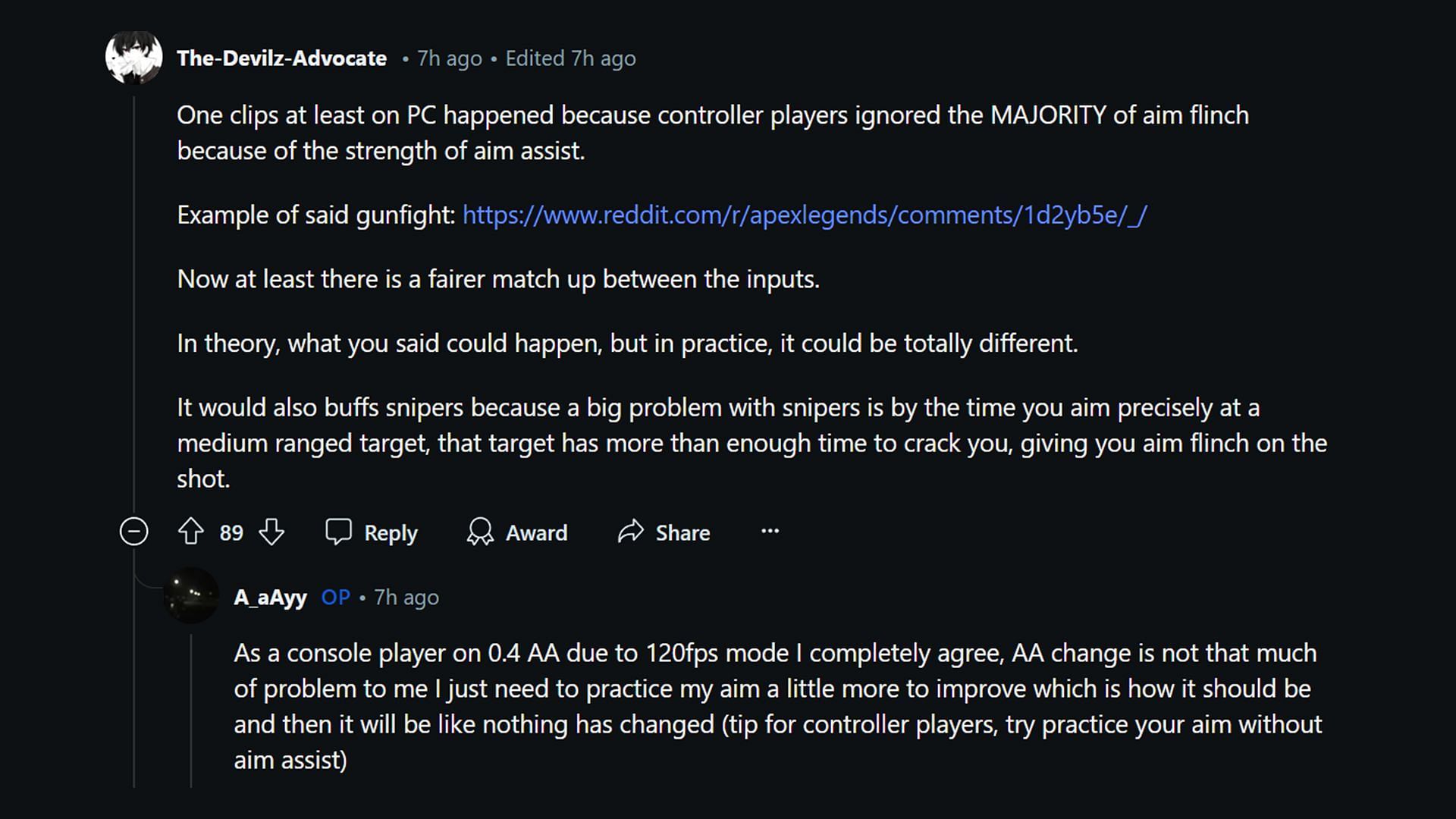 Apex community comment on fairer input matching with new Season 22 changes (Image via Reddit)