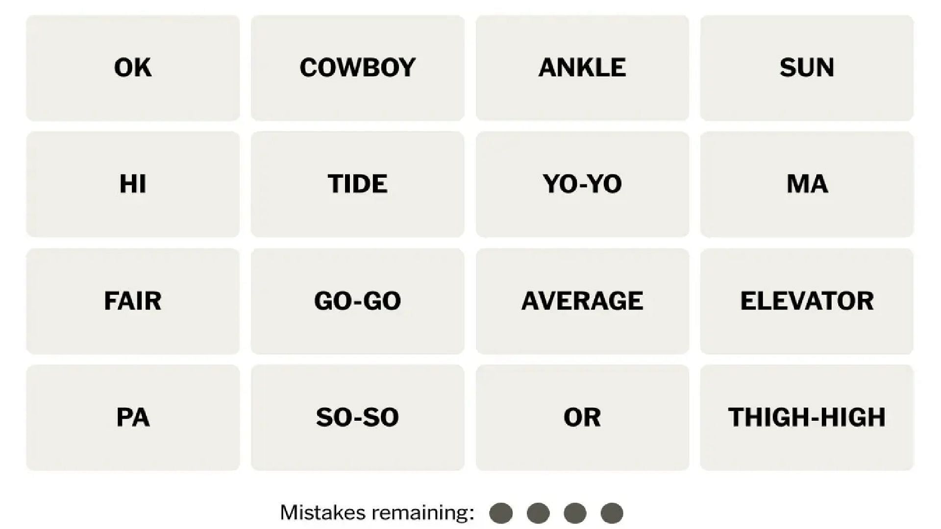 All words for NYT Connections today (Image via New York Times)