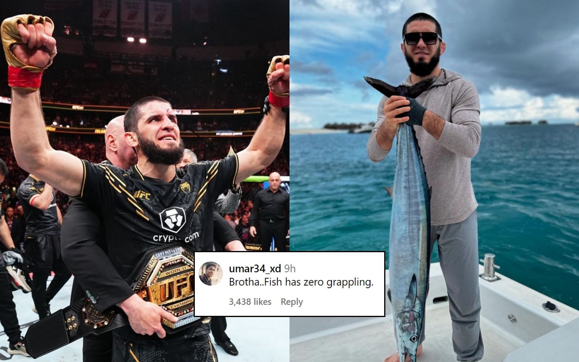 Fans react (insert) to Islam Makhachev (left) and his fishing exploits (right). [Image credit: @ufc and @islam_makhachev on Instagram]