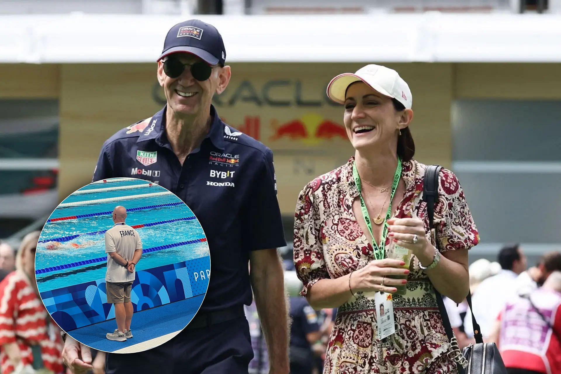 Bob Bowman [inset], Adrian Newey (C), Amanda Newey (R) (Image via X || Getty)