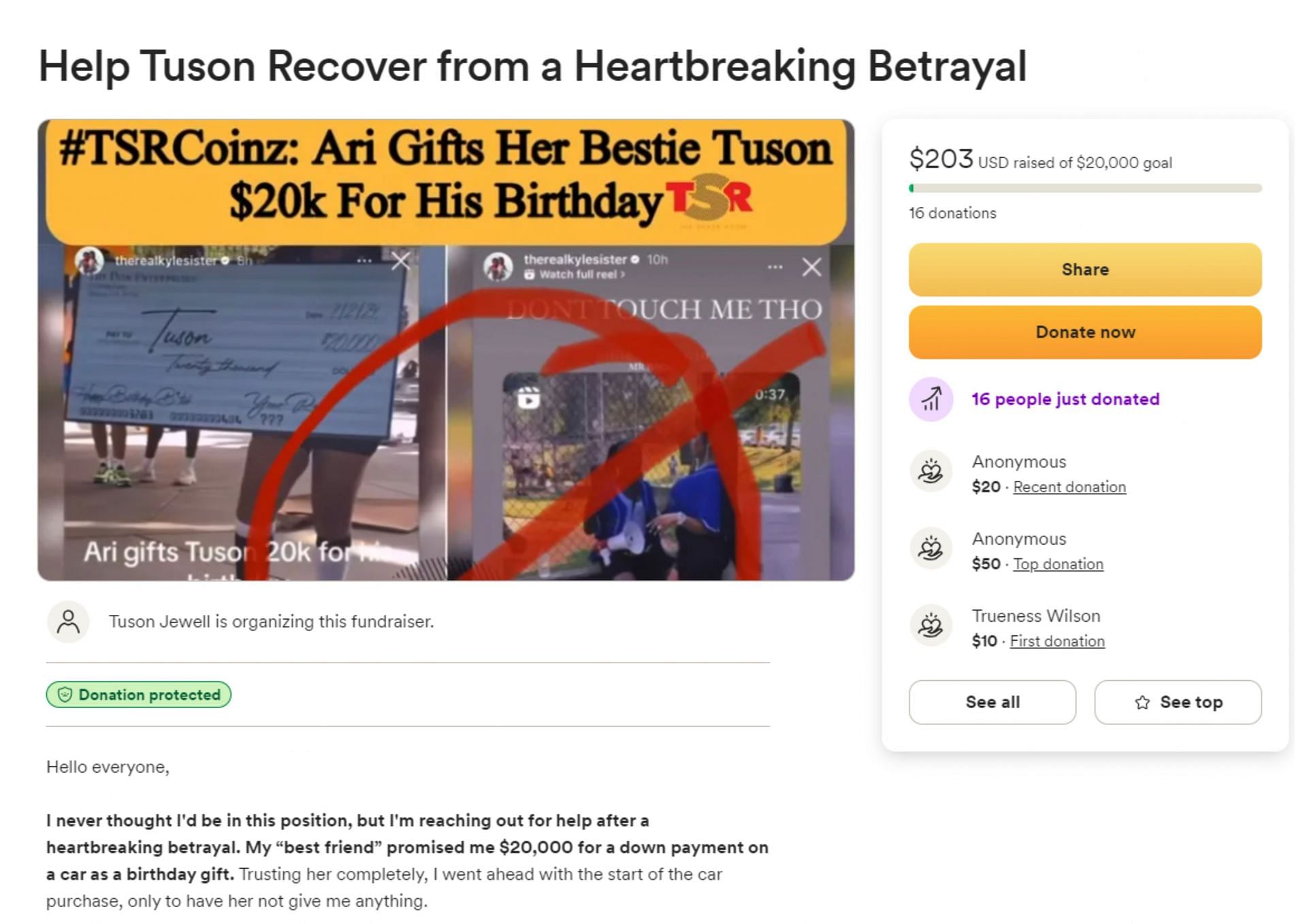 The campaign page created by Tuson (Image via GoFundMe)