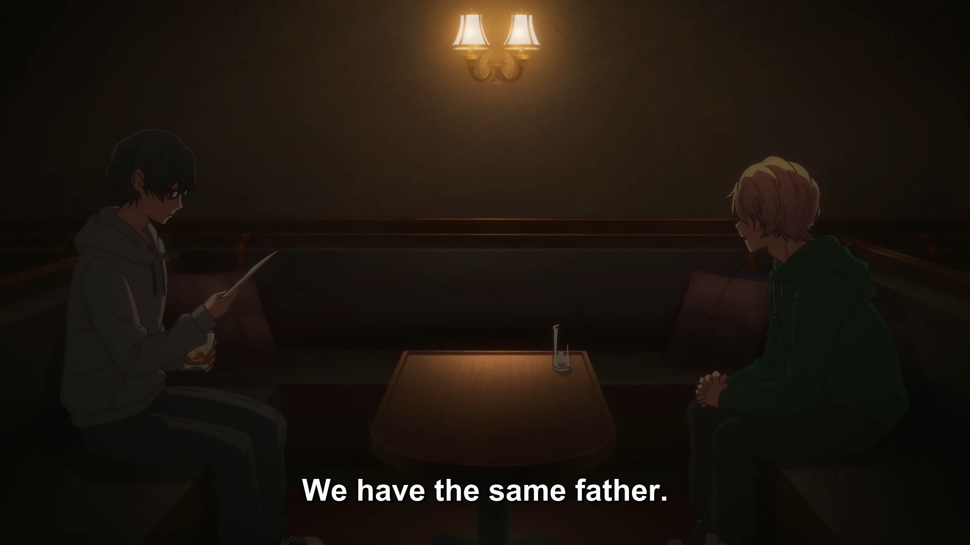 Aqua tells Himekawa that they&#039;re half-brothers (Image via Doga Kobo)