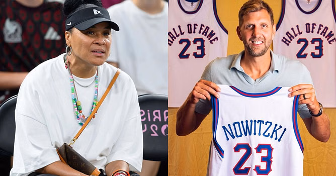 IN PHOTOS: 3x champ Dawn Staley sits beside NBA star Dirk Nowitzki for women's basketball’s gold medal matchup in the Olympics
