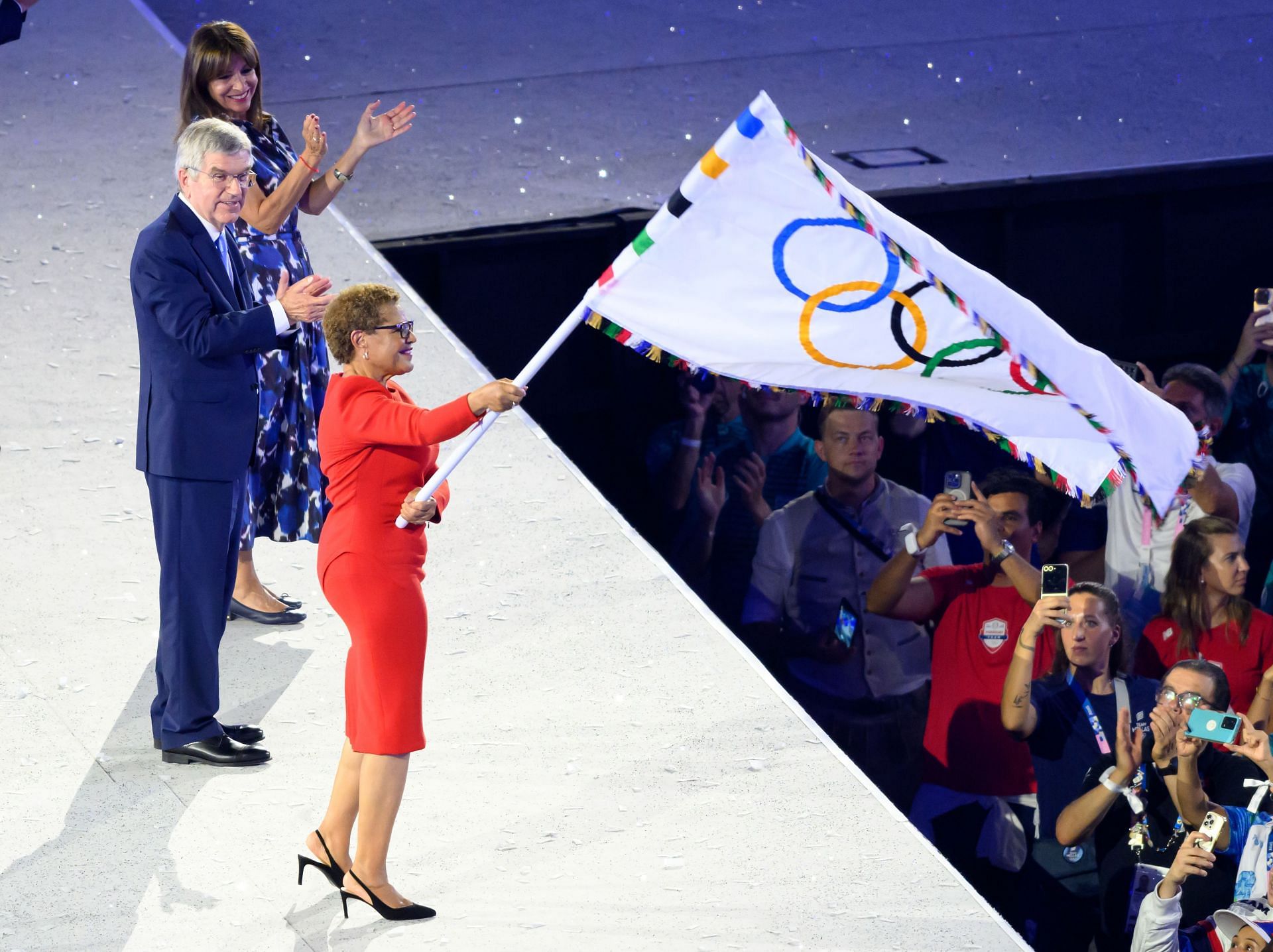 Karen Bass waves the Olympic flag at the closing ceremony of the Paris Olympics - Getty Images