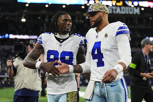 CeeDee Lamb, left, and Dak Prescott, right, during New York Giants vs. Dallas Cowboys (source: Getty)