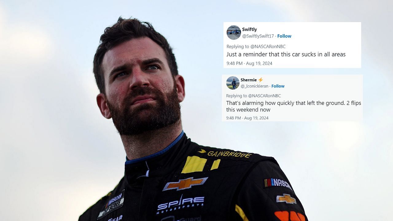 Corey LaJoie (Background Image credit Imagn, Tweets: https://x.com/_Iconickieran/status/1825567944719663341, https://x.com/SwiftlySwift17/status/1825568062776713376)