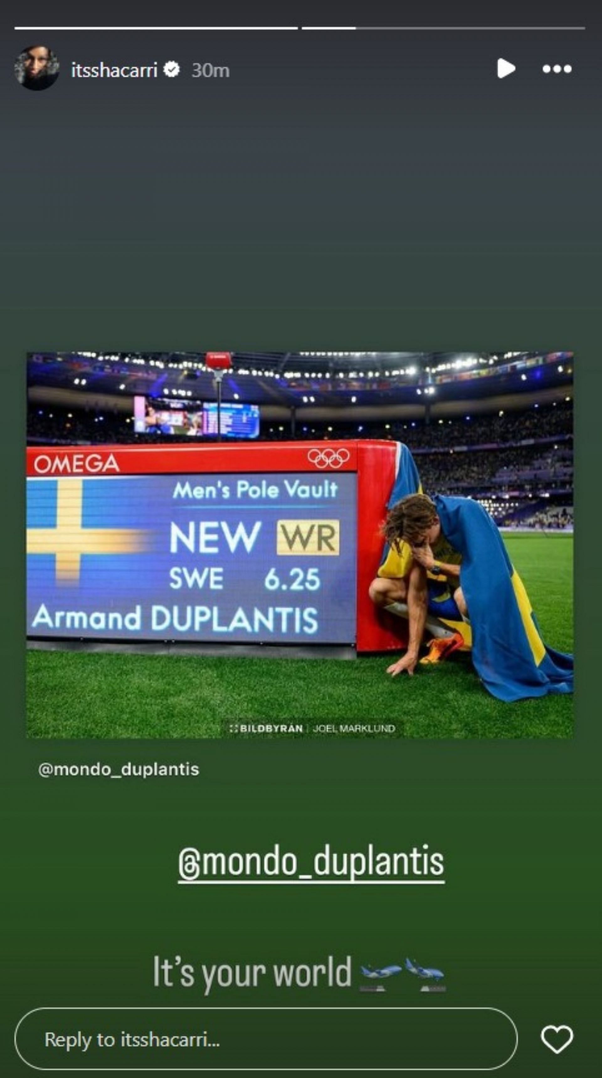 Sha&#039;Carri Richardson&#039;s Instagram story to celebrate Mondo Duplantis&#039; Paris Olympics victory