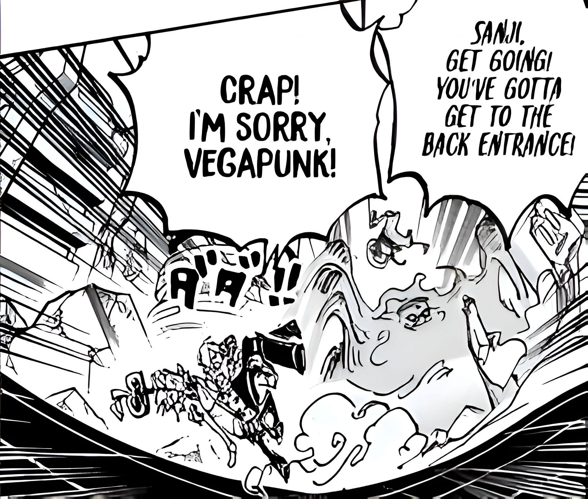 Sanji carrying a dead Vegapunk away from the enemies (Image via Shueisha)