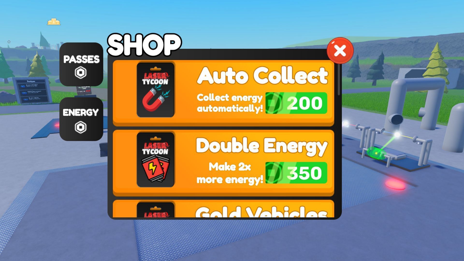 Shop for passes &amp; energy in Laser Tycoon (Image via Roblox)