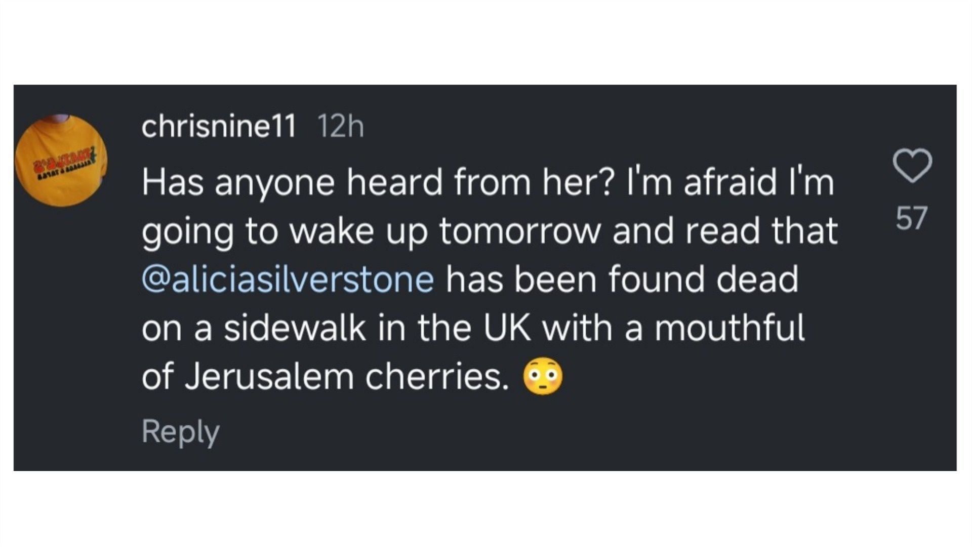 A fan reacted to a video of Alicia Silverstone eating an unknown fruit (Image via Instagram/@aliciasilverstone)