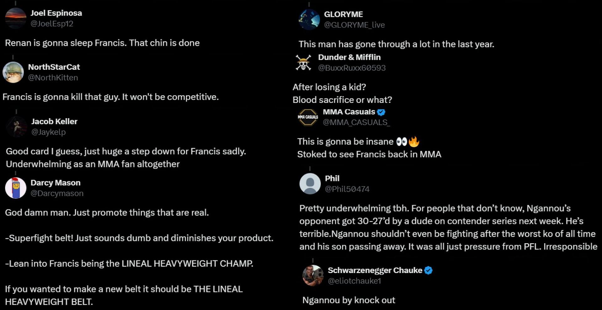 A collage of fan reactions to Francis Ngannou&#039;s MMA return