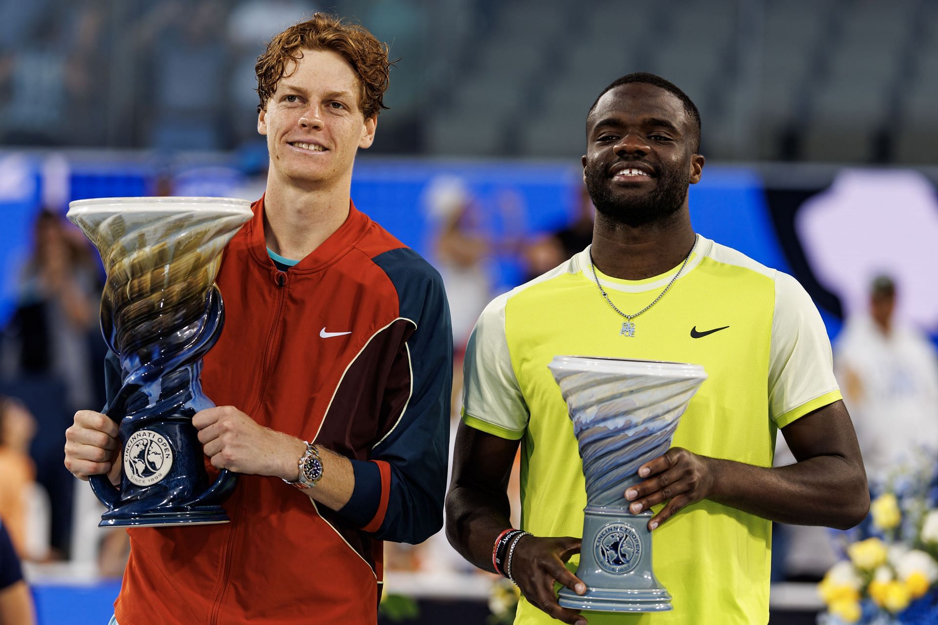 Jannik Sinner (L) and Frances Tiafoe with their Cincinnati Open 2024 trophies. (Image: Getty)