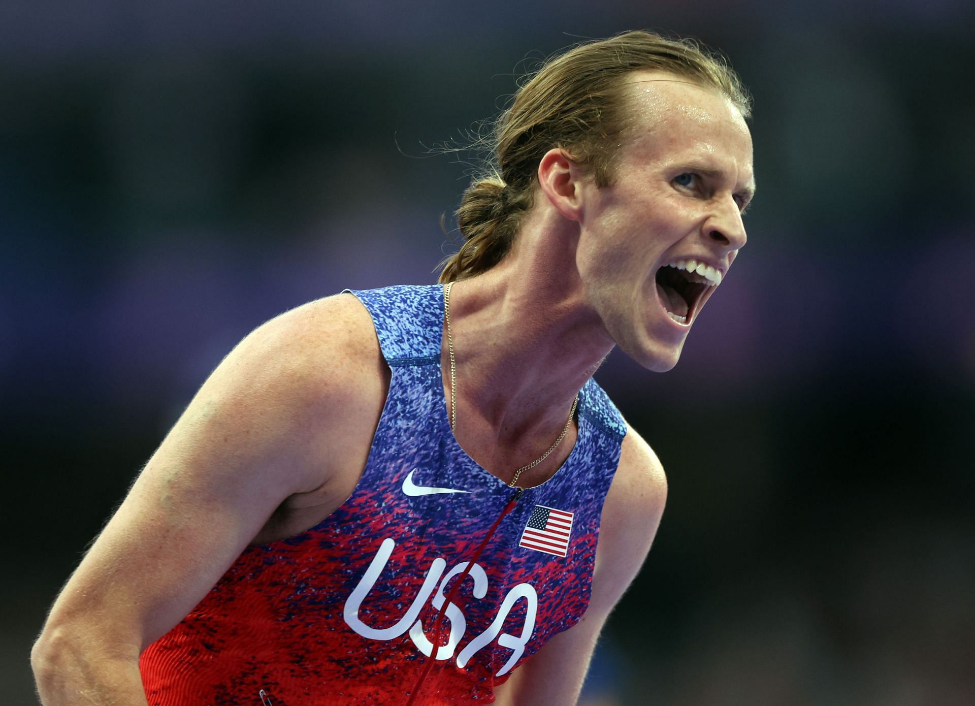 Cole Hocker celebrates winning the Men&#039;s 1500m final at the Olympic Games 2024 in Paris, France. (Photo by Getty Images)