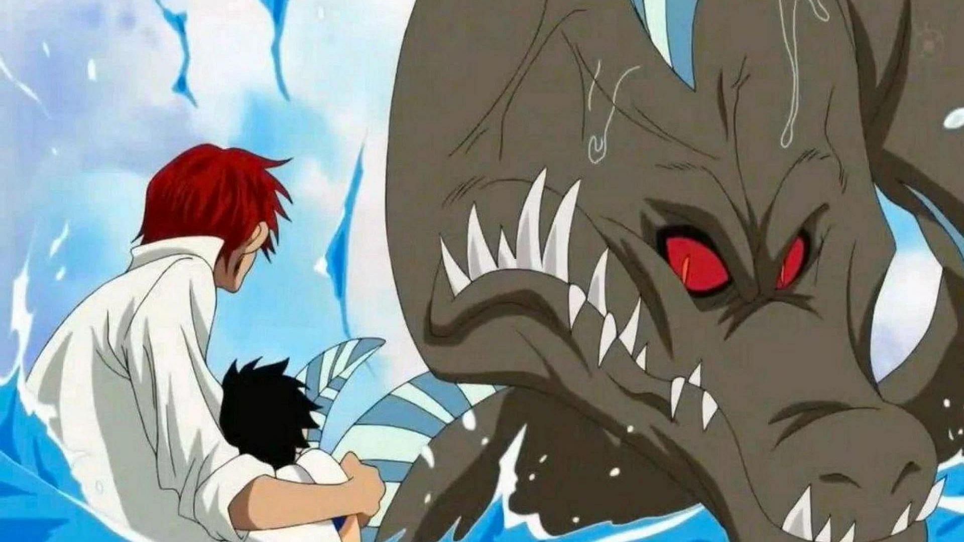 Shanks&#039; arm was bitten away when he was saving Luffy (Image via Toei Animation)